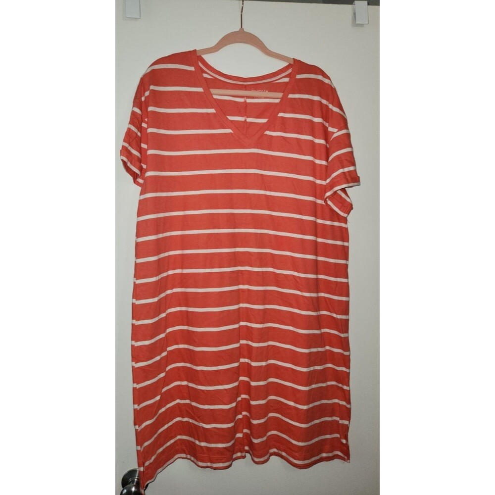 Time & Tru Womens XL Pink Striped V-Neck Short Sleeve Cotton Dress Casual Summer